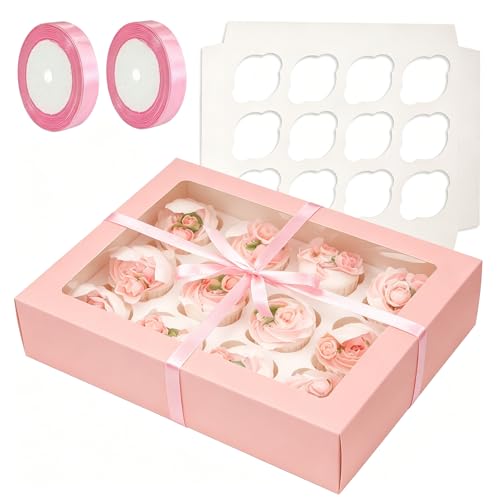 Bakepacker Auto-pop Up Cupcake Boxes with Window Pink 40PCS 12 Count - color: Pink, 40