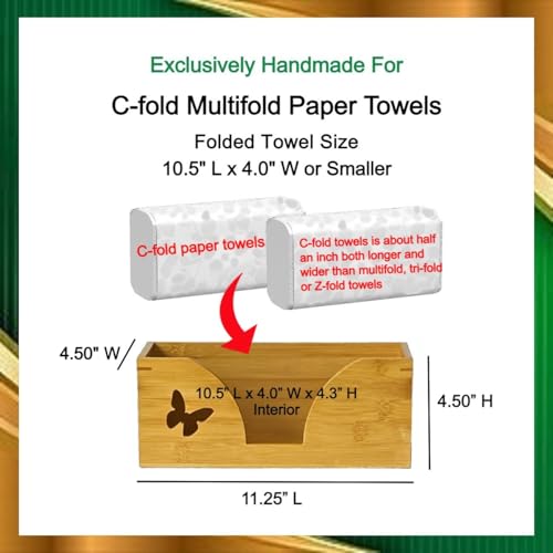 Countertop C-Fold Paper Towel Dispenser with Engraved Butterfly - Compatible with C Fold, Multifold, Trifold & Z Fold Hand Napkins Folded Size 10.5" x 4.0" Or Smaller - Natural Bamboo - color: Natural