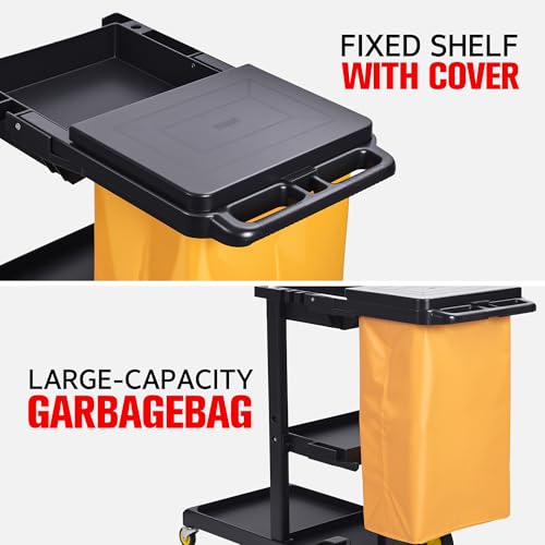 Matthew Commercial Traditional Cleaning Janitorial 3-Shelf Cart,500 Lbs Heavy Duty Capacity Housekeeping Cart,51"L x 21"W x 39"H,Wheeled with 25 Gallon Zippered Yellow Vinyl Bag and Cover w lid,Black