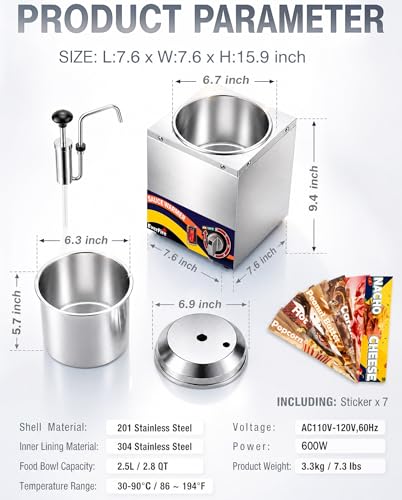 Nacho Cheese Dispenser with Stainless Steel Pump, 2.8 Qt Cheese Sauce Warmer with 6-Level Thermostat (86–194°F) – Commercial Electric Warmer for Hot Fudge, Chocolate, Caramel, Chili, Peanut Butter