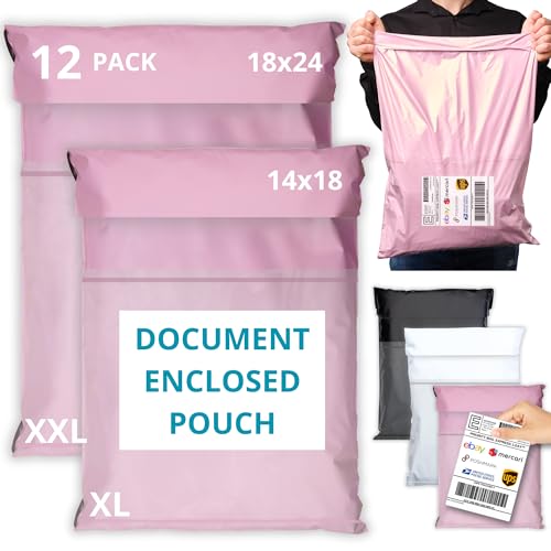 Shipping Bags (12 Pack) with Label Pouch - 14x18 & 18x24 - Poly Mailers for Clothes, Self-Seal Plastic Mailing Envelopes - Tear & Water-Resistant Packaging Bags for Clothing, Not Padded - color: Pink, size: 2 Sizes 14x18 & 18x24 [WITH label pouch]