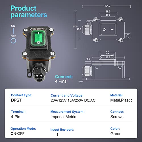 Waterproof On Off Toggle Switch with Green Light Rocker Button Inline Cord Switch DPST AC/DC 20A-125V,16A-250V,30A-24V,35A-12V, IP66 - color: Green/1 Switch/1 Outlet