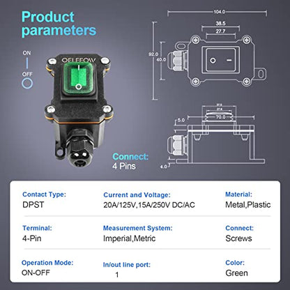 Waterproof On Off Toggle Switch with Green Light Rocker Button Inline Cord Switch DPST AC/DC 20A-125V,16A-250V,30A-24V,35A-12V, IP66 - color: Green/1 Switch/1 Outlet