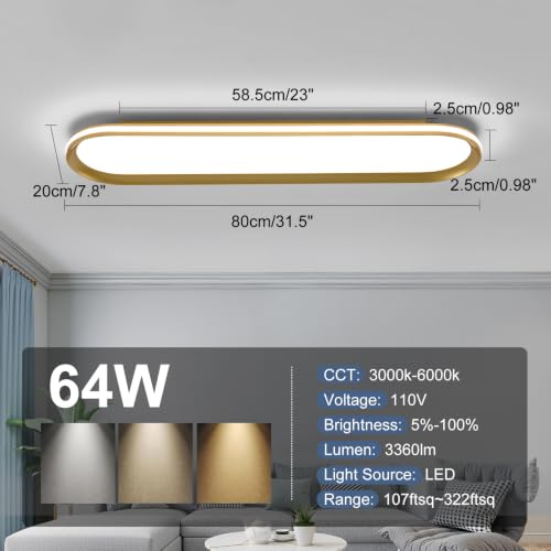 ADISUN Modern LED Ceiling Light Dimmable Linear Ceiling Light 31in Semi Flush Mount Long Lights with Remote Control and Side Lighting for Living Room Kitchen Dining Room Gold - color: Gold-1Pack, size: 31 Inch