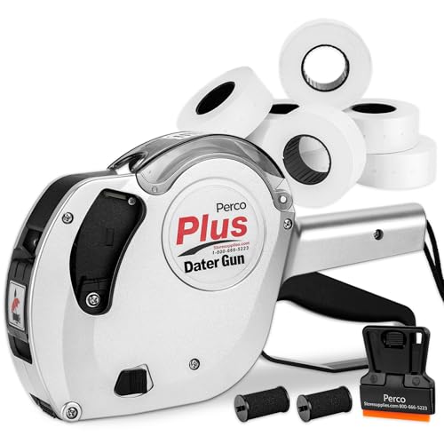 Perco Plus 1-Line Date Marking Gun with Labels Kit - Compares to Monarch 1131-01 Band Includes 1-Line 8-Character Band Date Labeler Gun, 9,000 Blank White Labels, a Label Scraper, and an Extra Inker - style: Date Gun Kit