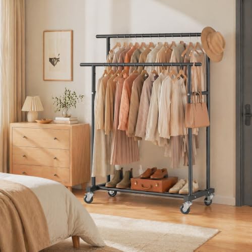 Calmootey Rolling Garment Rack, Sturdy Clothes Organizer for Bedroom - color: Black, style: Double Rods