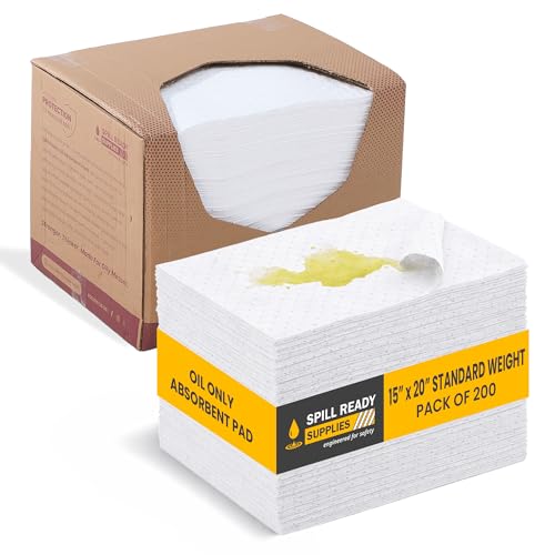 Spill Ready Oil Only Absorbent Pads 15" x 20" (200 Pack) - Standard Weight Absorbs Up to 24 oz per pad - 2mm Oil Spill Mat, Hydrophobic Sorbent Mat Pads for Oil & Fuel Spills, Oil Pads - White - color: 200 Pads - Standard weight, size: 1