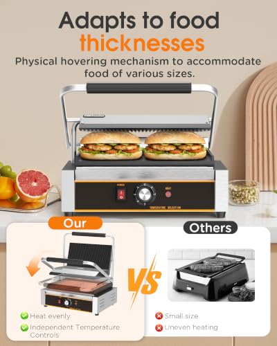 Commercial Panini Press - 2200W Electric Panini Sandwich Grill w/Nonstick Coating & Adjustable Temp, Panini Grill Press w/14"x9" Cooking Pan (Grooved Top & Flat Bottom), Double-sided Heating - style: 14"x9" Grooved top, flat bottom