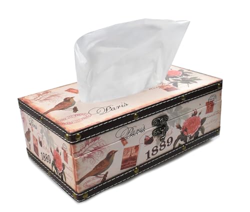 Wood Tissue Box Cover with PU Leather & Vintage Pattern - Rectangle Decorative Tissue Holder for Home, Car, Office, Bathroom, Desk - Fits Standard Medium Tissues with Lid (1898 Rose) - color: 1898 Rose