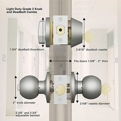 BRINKS Commercial - Keyed Entry Door Knob with Deadbolt Set, Satin Chrome Finish - Meets ANSI Grade 2 Standards