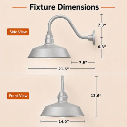14in. Galvanized Finish Outdoor Gooseneck Barn Light, 5000K Cool White - color: Galvanized (1 Pack), size: 14-1/2 in Gooseneck Arm