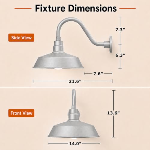 14in. Galvanized Finish Outdoor Gooseneck Barn Light, 5000K Cool White - color: Galvanized (2 Pack), size: 14-1/2 in Gooseneck Arm
