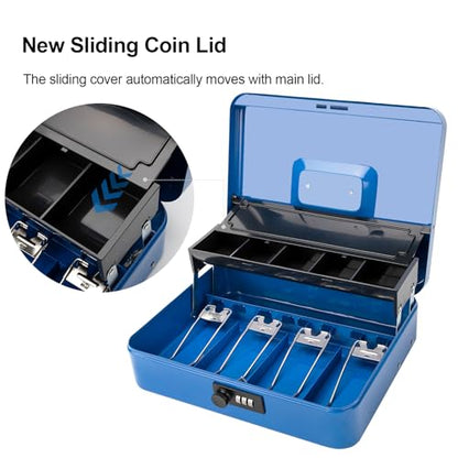 Jssmst Metal Cash Box with Money Tray and Lock, Portable Cash Drawer, 11.8" - color: Blue Code-A
