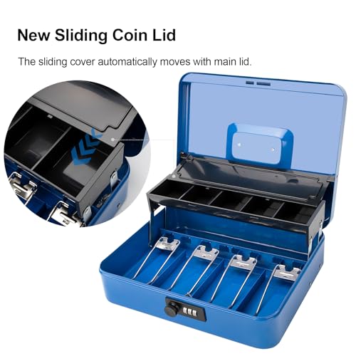 Jssmst Metal Cash Box with Money Tray and Lock, Portable Cash Drawer, 11.8" - color: Blue Code-A
