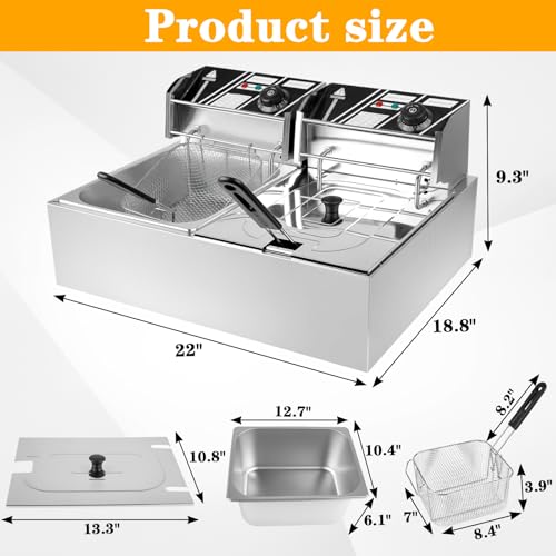 Commercial Electric Deep Fryer, 12L Dual Tank Stainless Steel Countertop Deep Fryer with 2 Baskets & Lids, 5000W Restaurant Deep Fryer with Independent Temperature Control for Restaurant Snack Bar