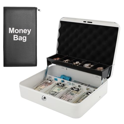 Cash Box with Key Lock – 0.7mm Steel Cash Drawer with Money Bag & Auto-Pop Coin Tray, 4 Upgraded Finger-Safe Bill Clips, Portable Register for Vendors, Business & Home, 11.8" x 9.5" x 3.5", White - color: White