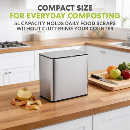 Simpli-Magic Kitchen Compost Bin and Caddy, 5L / 1.32 Gal Stainless Steel with Removable Inner Bucket and Deodorizer Compartment, 2-in-1 Countertop Compost Bin with Lid, Kitchen Food Waste, 79705 - color: Brushed Silver