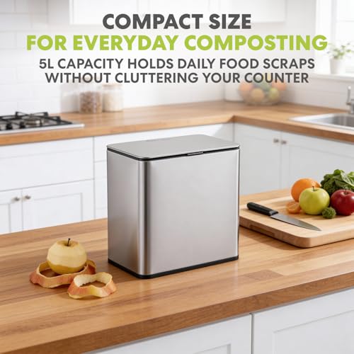 Simpli-Magic Kitchen Compost Bin and Caddy, 5L / 1.32 Gal Stainless Steel with Removable Inner Bucket and Deodorizer Compartment, 2-in-1 Countertop Compost Bin with Lid, Kitchen Food Waste, 79705 - color: Brushed Silver