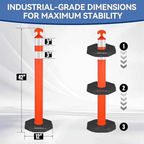 42" Traffic Delineator Posts, Tall Safety Traffic Cones with Reflective Collars and Weighted Base for Construction, Road Work, Parking Lot Control (6 Packs)