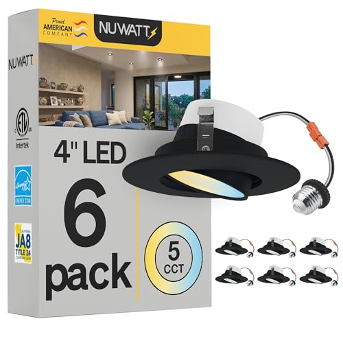 NUWATT 4 Inch Gimbal Black LED Recessed Lights, 2700K-5000K, Airtight, 6 PK