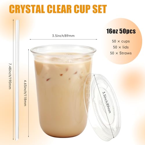 Ziliny 50 Pack 16 oz Clear Plastic Cups with Lids and Straws Disposable Iced Coffee Cups Round Bottom To carry Cup for Coffee Smoothie Cold Drinks Juice Milkshake Tea (Clear) - color: Clear, size: 16 oz