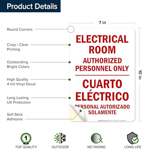Electrical Room Authorized Personnel Only Bilingual Sign, 10x7 Inches, 4 Mil Vinyl Decal Stickers Weather Resistant, Made in USA by My Sign Center - size: 7x10 Vinyl Sticker