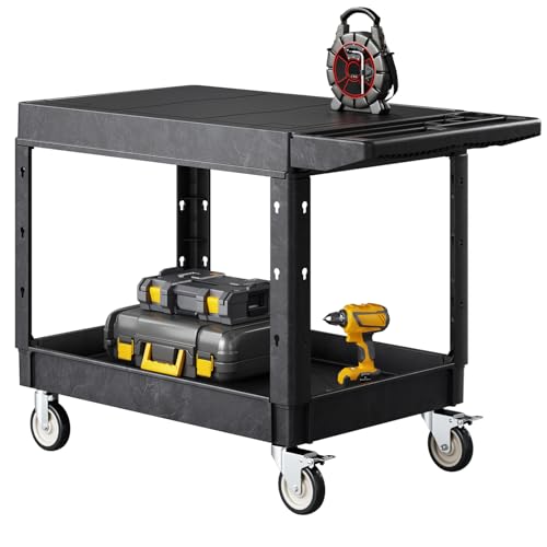 VEVOR Utility Cart, 550 lbs Load Capacity, 37 x 25.4-inch Service Cart, Two-Shelf Heavy Duty Plastic Utility Cart with 360° Swivel Wheels (2 with Brakes), Suitable for Warehouse, Garage, Cleaning - style: 550 LBS-Large