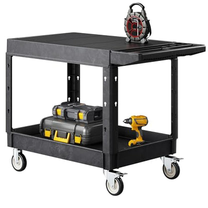 VEVOR Utility Cart, 550 lbs Load Capacity, 37 x 25.4-inch Service Cart, Two-Shelf Heavy Duty Plastic Utility Cart with 360° Swivel Wheels (2 with Brakes), Suitable for Warehouse, Garage, Cleaning - style: 550 LBS-Large