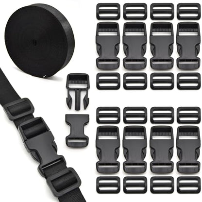 1 inch Buckles Straps Set with 10 Yards Nylon Webbing Strap,10 pcs Quick Side Release Plastic Buckle, 20 pcs Tri-glide Slide Clip for Luggage Strap, Backpack Replacement (Black) - color: Black