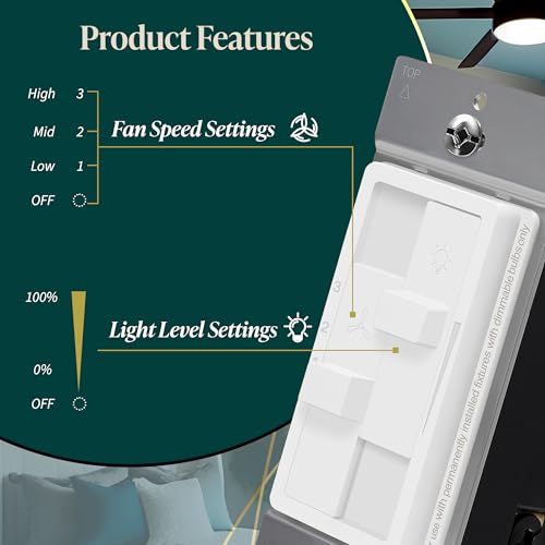 TOPGREENER Ceiling Fan Control and Light Dimmer Switch, 3-Speed, White - color: White, size: Dimmer Switch with Fan