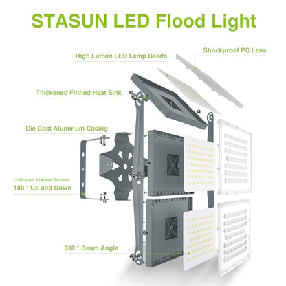 STASUN 3 Pack LED Flood Lights Outdoor(Black+Gray), 600W 60000lm 6000K Daylight White IP66 Waterproof, Commercial Parking Lot Lights, 3 Heads for Yard Street Stadium Outdoor Area Floodlight Bright