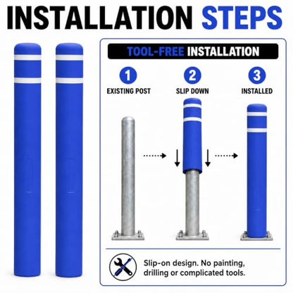 Blue Safety Bollard Cover 6" x 52", Heavy Duty Bollard Post Sleeve with Reflective Tape, Weatherproof Bollard Guard for Parking Lot, Warehouse, Traffic Barrier - color: Blue, size: 52" H