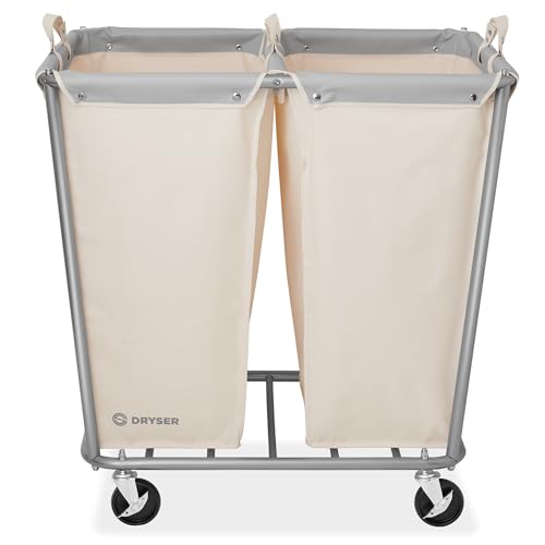 Dryser Divided Commercial Heavy-Duty Rolling Laundry Hamper, Steel Frame Cart on Wheels with 2 Section Removable Canvas Bins for Hotel or Home - White - color: White, size: 2-Section