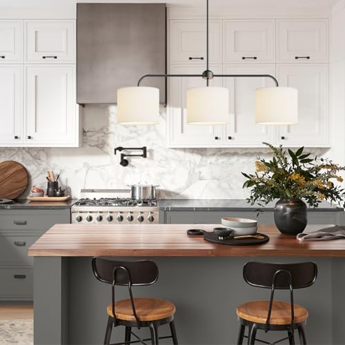 Electro bp;40" W 3-Light White Linen Drum Shade Chandelier with Black Metal Linear Pendant Light Fixture for Kitchen Island,Dining Table,E26,180W; - color: Black 3-Light Linear
