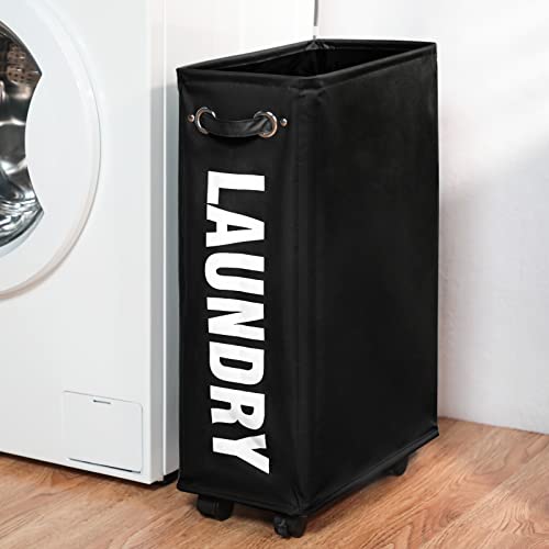DOKEHOM 52L Slim Rolling Laundry Basket Hamper, Narrow on Wheels, Black - color: Black/M, size: 52L/Slim