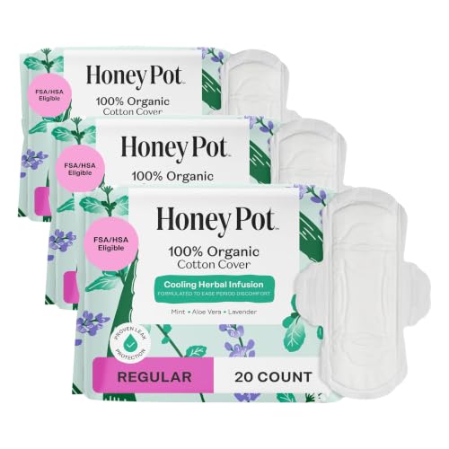 The Honey Pot Company - Herbal Sanitary Pads for Women - Regular Flow w/Wings - Infused w/Essential Oils for Cooling Effect & Organic Cotton Cover - Feminine Care - 20 ct (Pack of 3) - size: 20 Count (Pack of 3), style: Herbal Regular Flow