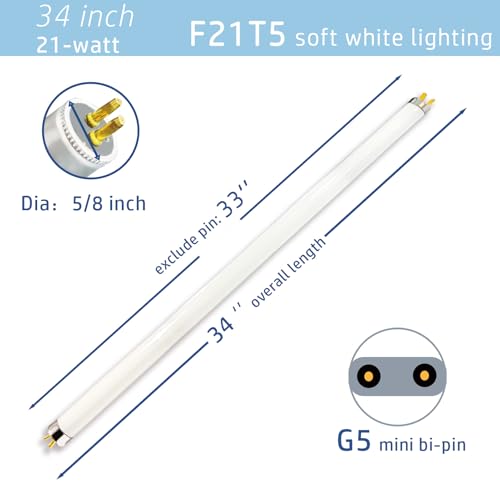 6pack F21T5/830 21Watt 34 inch Fluorescent Light Bulb, T5 3000K Soft White Linear Tube, F21T5/21W/830 Warm White Replacement for Under Counter Fixture