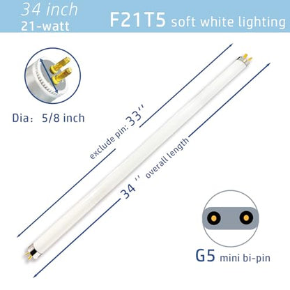 6pack F21T5/830 21Watt 34 inch Fluorescent Light Bulb, T5 3000K Soft White Linear Tube, F21T5/21W/830 Warm White Replacement for Under Counter Fixture