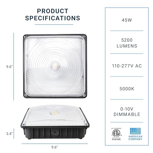 PARMIDA LED Canopy Light, 45W, 0-10V Dimmable,110-277VAC, IP65 Waterproof, ETL-Listed, 5000K (Day Light), 9.6" x 9.6", Gas Station, Street, Area & Outdoor Lighting, Bronze