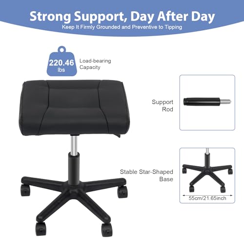 Footrest Stool Under Desk, Adjustable Height Leg Rest Ottoman, 360° Rolling Ergonomic Foot Stool with 5 Lockable Wheels for Home Office Salons, Black