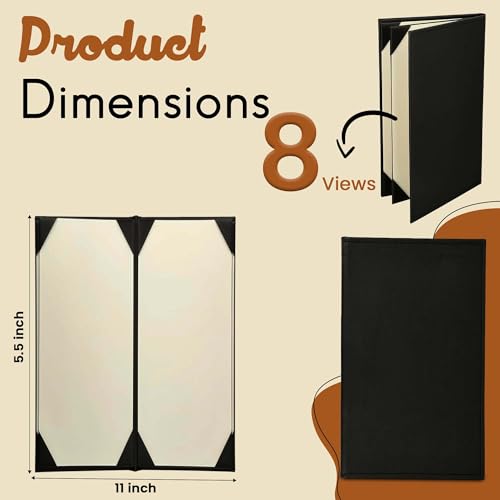 Prestine Menu Covers Made of Premium Faux Leather (10-Pack) - 5.5" x 11" - 8 Views - Black - Restaurant Menu - Wine List - Bar Menu - size: 5.5”x11” - 8 Views