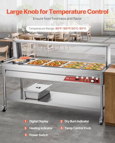 VEVOR Commercial Food Warmer, 8 Pans + 2 Pots Electric Steam Table, 1800W Professional Buffet Catering Food Warmer with Shield Undershelf Wheels, Stainless Steel Server for Party Restaurant - size: 8 Pans + 2 Pots