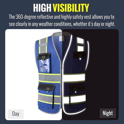 JKSafety Safety Vest for Men Women Hi Vis with Pockets and Cushioned Collar Construction Vest Meet ANSI Standard (BX360) - color: Blue, size: Large