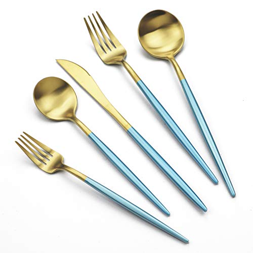 JASHII Luxury 18/10 Blue Handle Flatware Gold Silverware Set 304 Stainless Steel Flatware Cutlery Set| 5-Piece Adaline Royal Modern Satin Finish| BEST Birthday Wedding Gift (Blue Handle Matte Gold) - color: Blue Gold, size: Service for 1