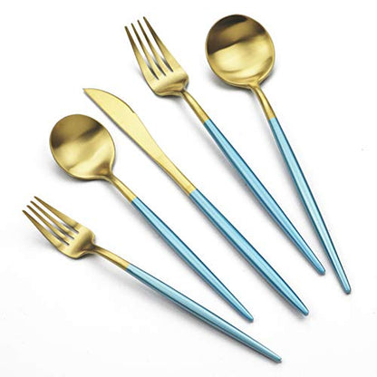JASHII Luxury 18/10 Blue Handle Flatware Gold Silverware Set 304 Stainless Steel Flatware Cutlery Set| 20-Piece Adaline Royal Modern Satin Finish| BEST Birthday Wedding Gift (Blue Handle Matte Gold) - color: Blue Gold, size: Service for 4