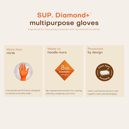 SUPER+ HEAVY DUTY Nitrile Gloves 8 Mil Diamond Texture Disposable Chemical Resistant Powder &Latex Free Food Safe Orange 50Ct - color: Large (Orange)