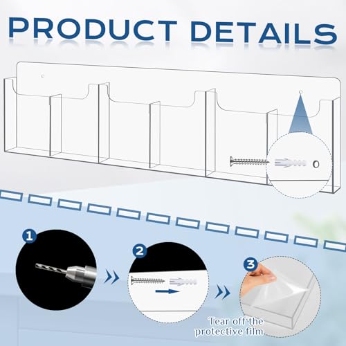 Sherr 4 Pcs Acrylic Brochure Holder Wall Mount with Removable Adjustable Dividers, 6/ 3 Pockets Large Capacity Literature Display Stand for 4''x 9'', 8.5''x11'' Pamphlets, 26.7''x7'' for Office Hotel - size: 26.7'' x 7''