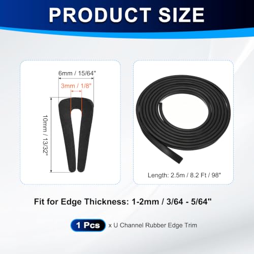 PATIKIL U Channel Rubber Edge Trim 8.2Ft Long for 5/64"–1/8" Thick Edge - size: 8.2Ft L x 15/64" W, 1/8" Slot