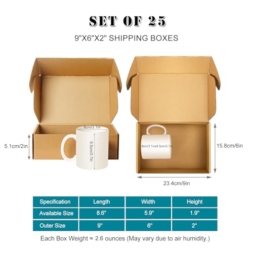 Shipping Boxes 9x6x2 inches Set of 25, Small Mailing Boxes Brown Cardboard Corrugated Mailer Boxes for Mailing Small Business Packing Gifts - size: 9 x 6 x 2 in