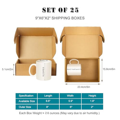 Shipping Boxes 9x6x2 inches Set of 25, Small Mailing Boxes Brown Cardboard Corrugated Mailer Boxes for Mailing Small Business Packing Gifts - size: 9 x 6 x 2 in